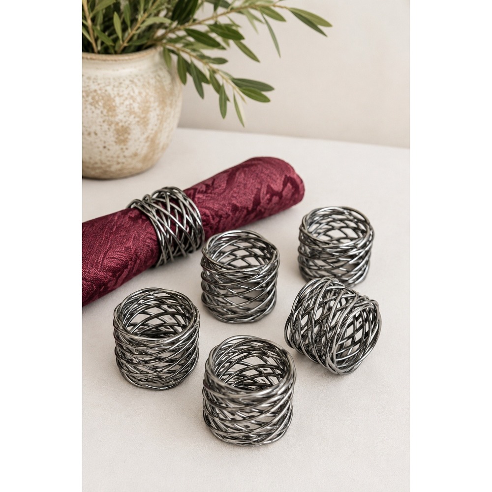 Set 6 Woven Metal Napkin Rings Gunmetal Gothic Dark Academia Industrial Decor